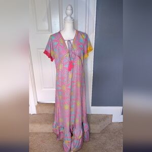 Modaposa Boho Small Pink & Aqua Floral Tassel Maxi Dress with Yellow Accents